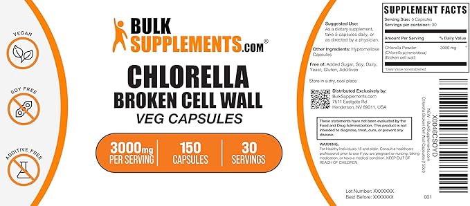 BulkSupplements.com Chlorella Capsules - Broken Cell Wall, Chlorella Supplement - Superfood Supplement, Vegan & Gluten Free, 5 Capsules per Serving, 150 Count (Pack of 1)