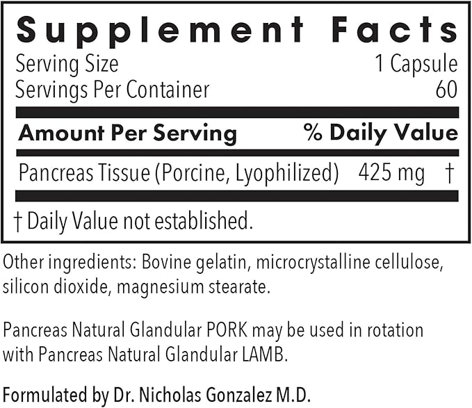 Allergy Research Group Pancreas Pork Supplement - Pancreas Natural Glandular, 425mg Pancreatic Enzymes, Digestive Enzymes Amylase, Protease - 60 Count