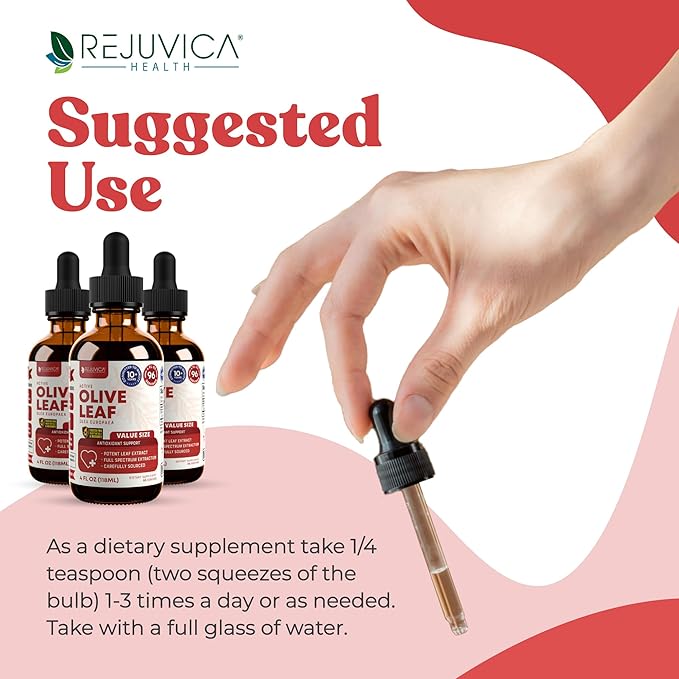 Rejuvica Active Olive Leaf Extract | Naturally Occurring Oleuropein Liquid Drops for Immune & Heart Support | Fast-Absorption, Vegan, Alcohol-Free | 4 fl oz