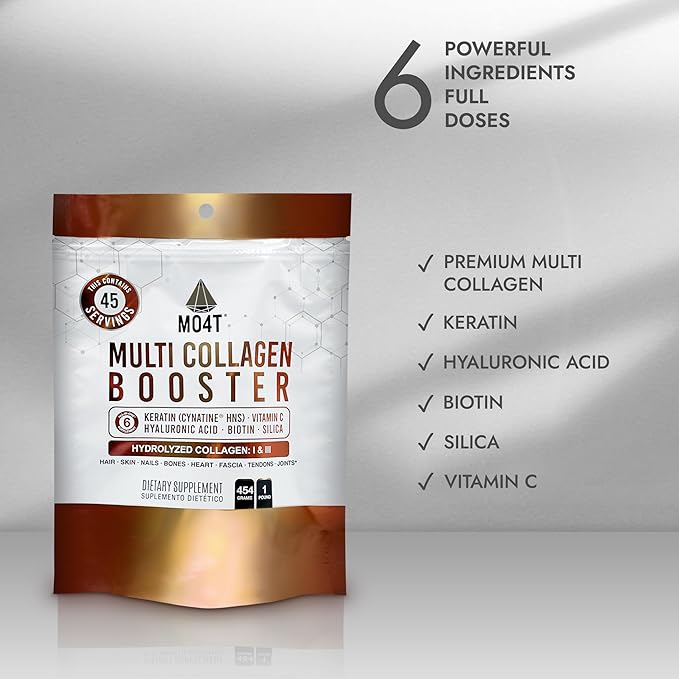 Multi Collagen Booster Powder – Extra Strength Collagen Supplement with Added Keratin, Biotin, Hyaluronic Acid, Vitamin C & Silica – Extra Nutrients for Hair, Nails,& Skin -1 Pound