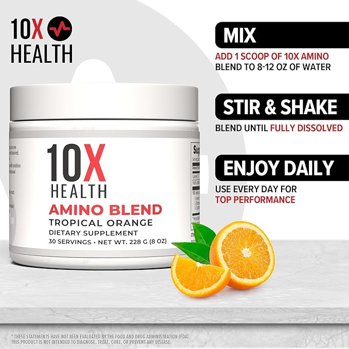 10X Health Amino Blend Tropical Orange - Contains EAA and BCAA Amino Acids Supplement - Essential Amino Acids Powder for Men and Women, Pre and Post-Workout Amino Energy Boost - 30 Servings