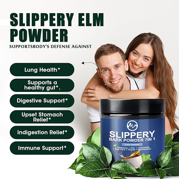 Slippery Elm, Organic Slippery Elm Bark Powder with L-Glutamine, DGL, Chamomile, Aloe Vera, Fennel, Marshmallow, Natural Herbs for Soothing Throat & Digestive Support, 40 Servings