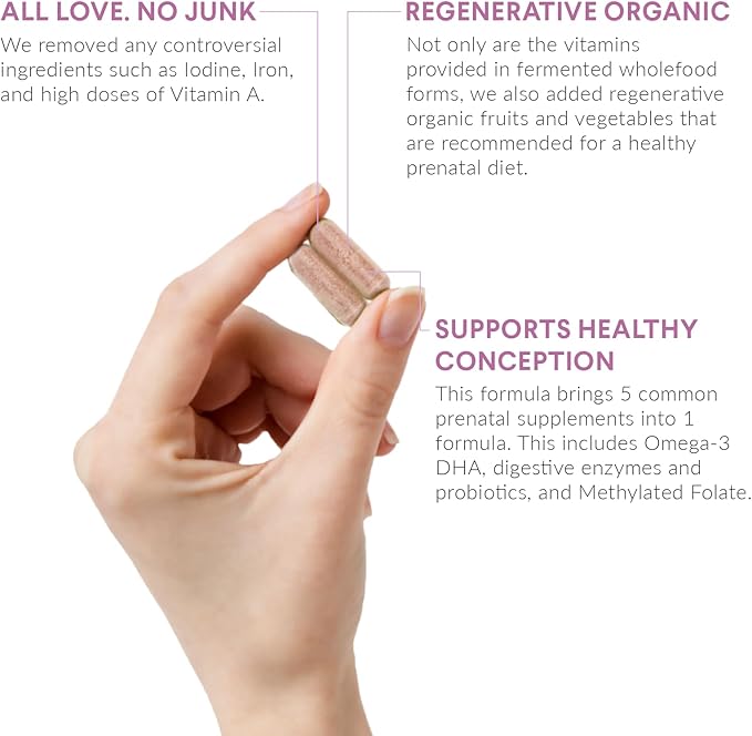 Prenatal Vitamins with DHA - Whole Food Vitamins with Folate, Probiotics and Regenerative Organic Ingredients, Without Iron, Without Iodine, Bump It Up, 30 Servings