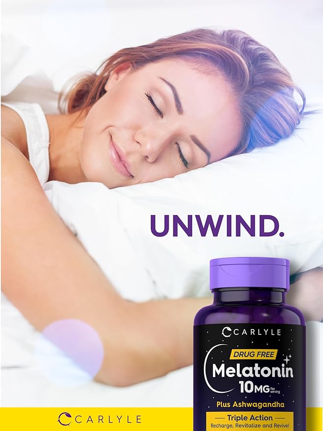 Carlyle Melatonin 10mg | 120 Capsules | with Ashwagandha | Triple Strength Formula | Non-GMO, Gluten Free Supplement