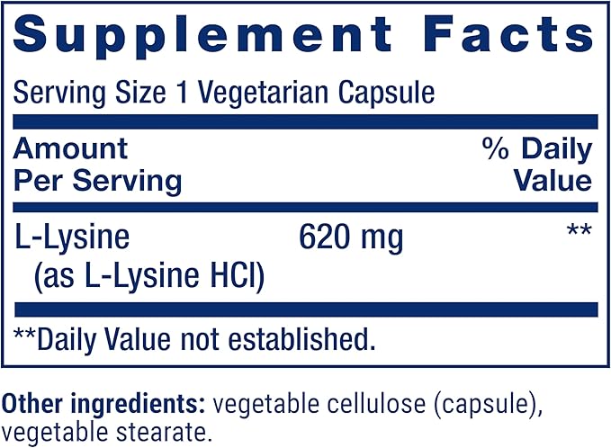 Life Extension L-Lysine, 620 mg, Essential Amino Acid for Healthy nitrogen Balance, Calcium Metabolism, Stress Response & More, Gluten-Free, Non-GMO, Vegetarian, 100 Capsules