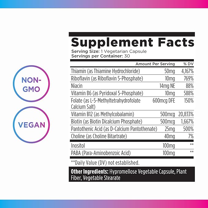 Livingood Daily Vitamin B Complex Capsules - B-Complex Vitamin Supplement for Women & Men - Supports Nervous System Health, Cognitive Function - Promotes Skin, Heart & Hair Health - Vegan, 30 Capsules