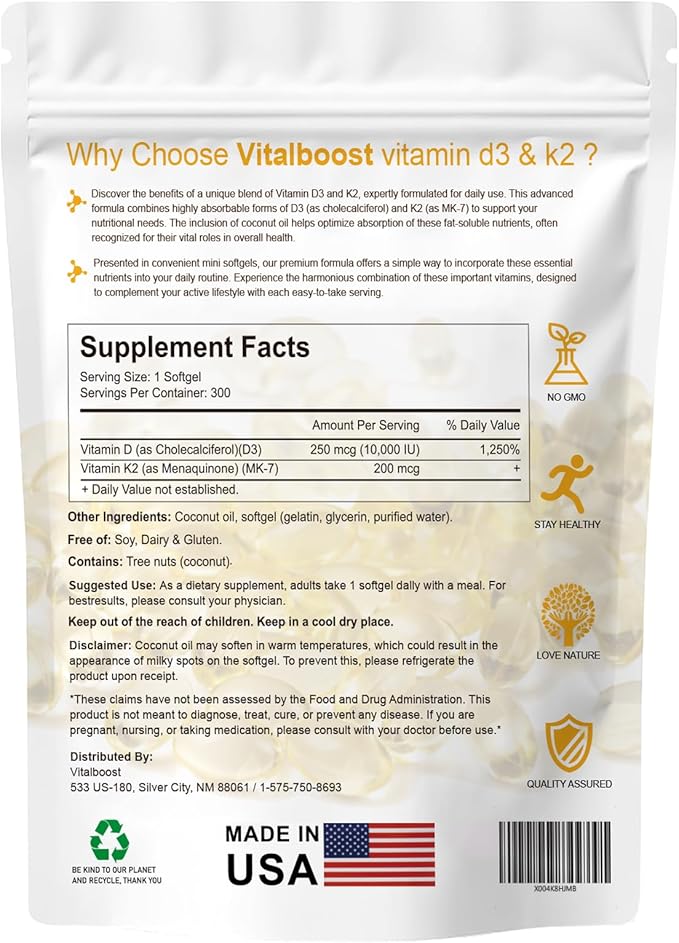 New VitalBoost D3 K2, Vital Boost Vitamin D3 K2 Supplement Softgels, D3 K2 Vitamin 10000 Iu 300 Softgels/Pack