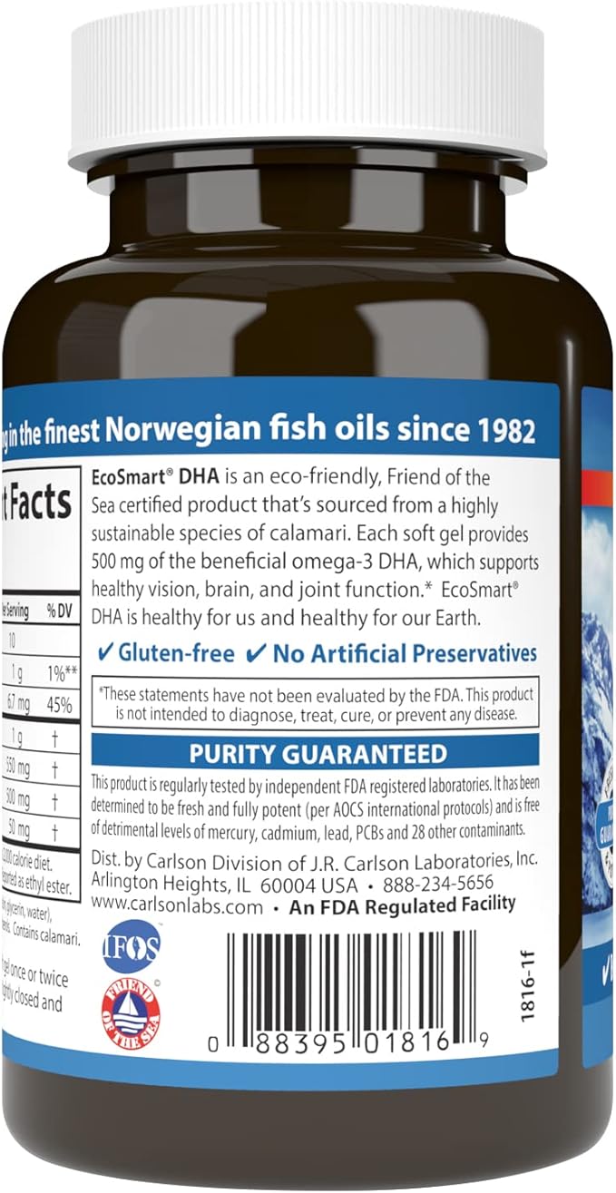 Carlson - EcoSmart DHA 500, Sustainable Source, Supports Healthy Vision & Brain Function, Lemon, 60 soft gels
