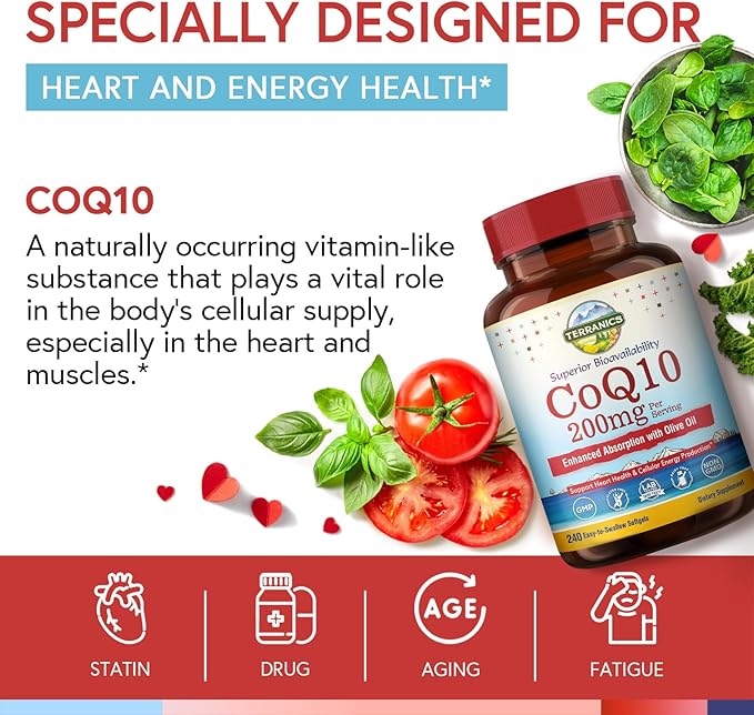 Terranics CoQ10 200mg, Coenzyme Q10 Supplement with Extra Virgin Olive Oil for Enhanced Absorption, Made in USA, Supports Heart Health, Antioxidant Protection, Energy Production, Non-GMO, 240 Softgels