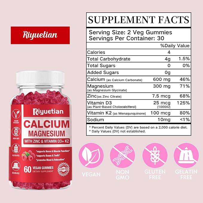 2 Pack Calcium Magnesium Zinc Gummies with Vitamin D3 Supplement, High Absorption Zinc Gummies for Bone & Teeth & Immune Health, Gluten-Free, Vegan, Kids & Adults, 120 Count