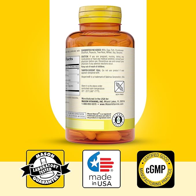 MASON NATURAL Optimal Absorption Turmeric 500 mg with BioPerine, Supports Normal Joint Health, 60 Capsules