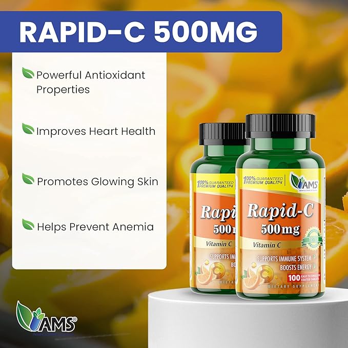 America Medic & Science Rapid-C 500mg Vitamin C Supplement (2 Pack of 100 Tablets) Energy Booster, Daily Immune System Support, Antioxidant | Vegan, Non-GMO Coated Ascorbic Acid for Adult Men & Women