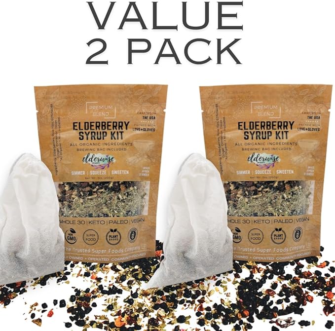 Elderberry Syrup Kits 2X - Each Makes Approx. 32oz - Includes Brewing Bags - Organic Ingredients - Elderberries - Rosehips - Ginger - Echinacea - Cinnamon - Cloves - Elderwise Organics