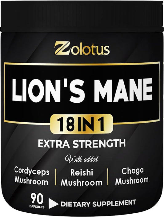 Zolotus Lions Mane Mushroom Complex Capsules with Cordeyceps, Elderberry, Ginkgo Biloba, Bacopa - 90 Capsules