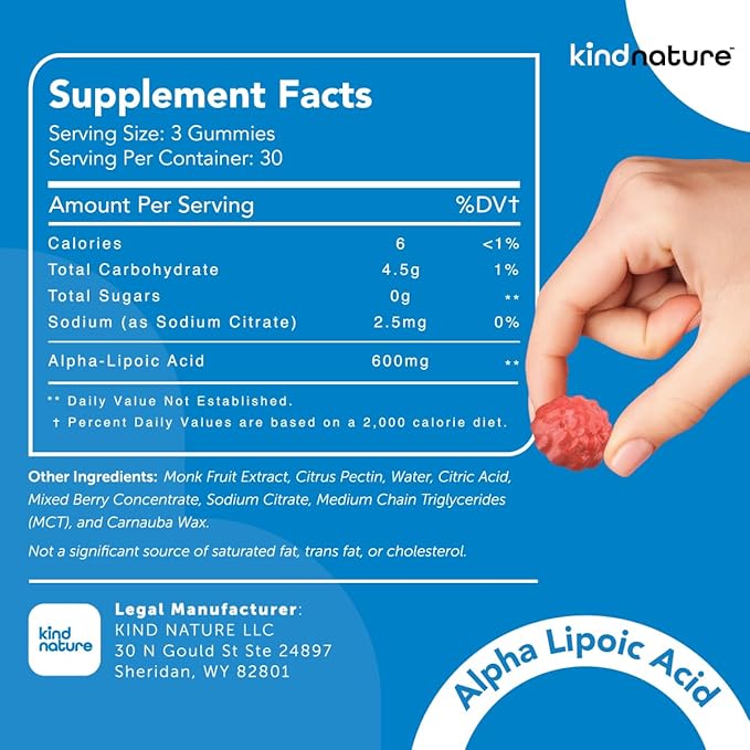 Kind Nature Alpha Lipoic Acid Gummies - Vegan, Sugar-Free, Low Calorie 600 mg ALA Supplement - Pure ALA Alpha Lipoic Acid 600mg for Antioxidant Support
