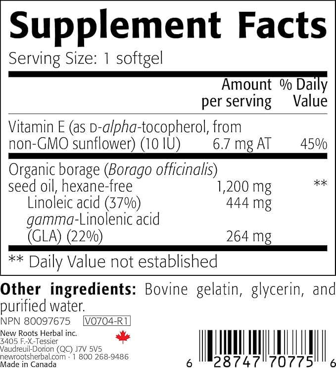 New Roots | Organic Borage Oil Supplement (1200 mg) GLA Supplement (264mg) with 444 mg of Linoleic Acid | Borage Seed Oil (90 softgels)