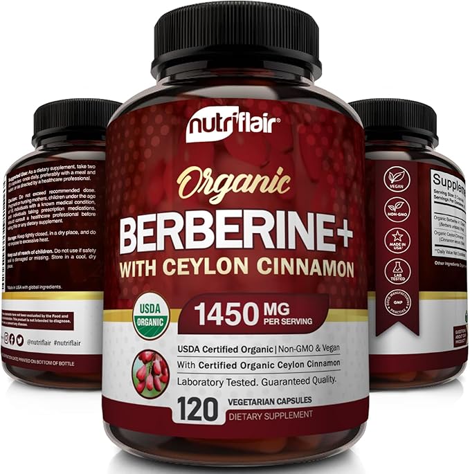 NutriFlair Organic Berberine with Ceylon Cinnamon 1450mg, 120 Capsules
