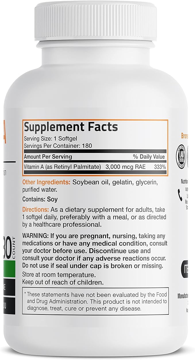 Bronson Vitamin A 10,000 IU Premium Non-GMO Formula Supports Healthy Vision & Immune System and Healthy Growth & Reproduction, 180 Softgels
