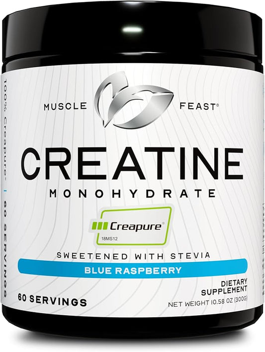 Muscle Feast Creapure Creatine Monohydrate Powder, Vegan Keto Friendly Gluten-Free Easy to Mix, Muscle Recovery Supplement and Best Creatine for Muscle Growth, Natural Blue Raspberry, 300g