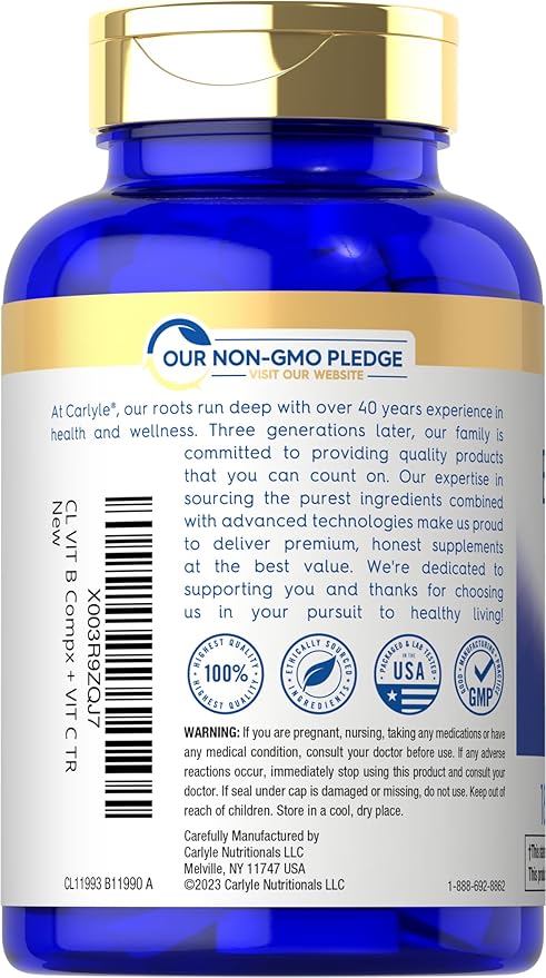 Carlyle Stress B-Complex Vitamin | 180 Vegetarian Caplets | with Vitamin C | Non-GMO & Gluten Free Supplement