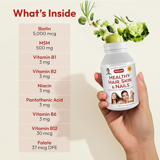 ANDREW LESSMAN Healthy Hair, Skin and Nails 360 Capsules - 5000 mcg High Bioactivity Biotin, B-Complex. Promotes Beautiful Skin, Strong Nails. No Additives Hair Growth Vitamins Biotin Supplement