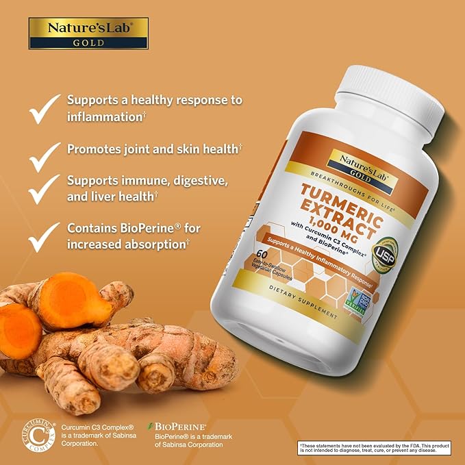 Nature's Lab Turmeric Extract with Curcumin C3 & BioPerine 1000mg - Promotes Cardiovascular, Digestion and Immune Health - 60 Capsules (30 Day Supply)