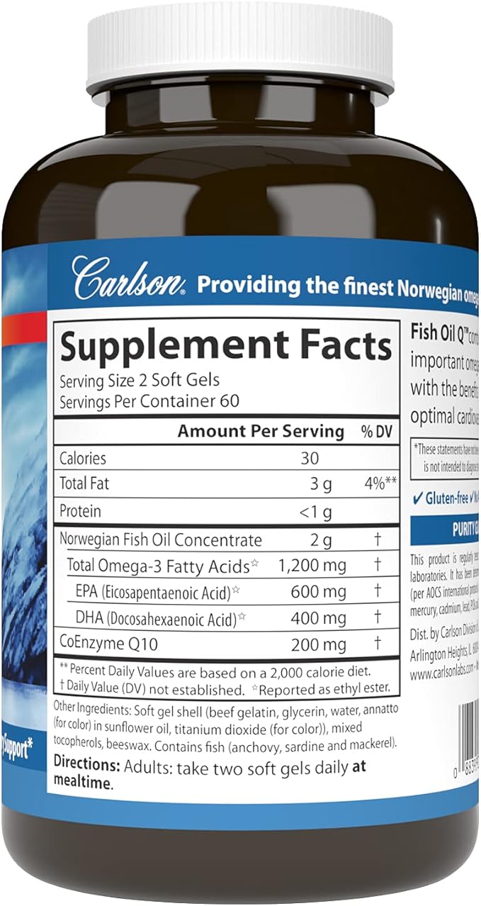 Carlson - Fish Oil Q, 1200 mg Omega-3s 200 mg CoQ10, Function, Energy Production & Circulatory Support, 120 Softgels