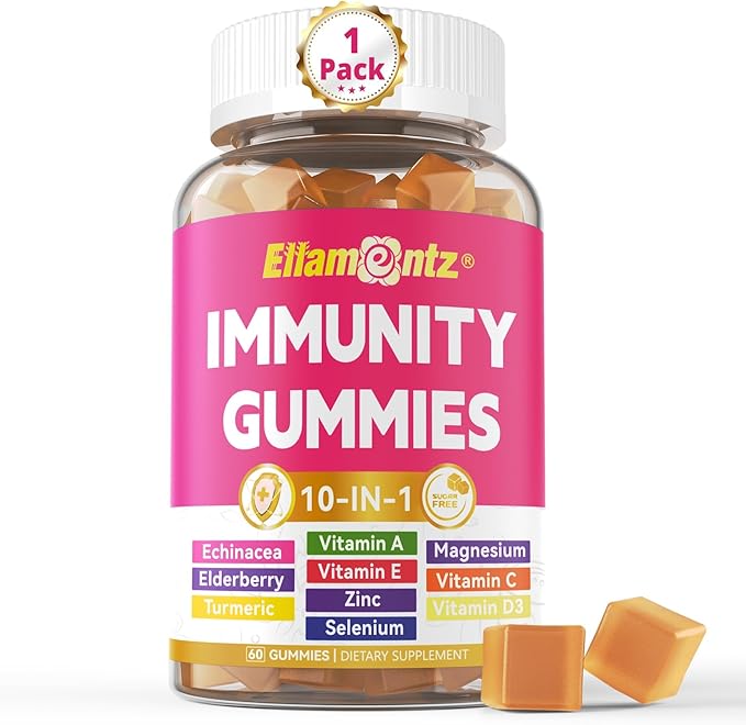 10-In-1 Immune Gummies with Multivitamins, 100% Daily Zinc, Vitamin C & D3 Immunity Supplement + Echinacea, Sambucus Elderberry, Turmeric, Magnesium - Immune Support, Overall Health, Sugar Free, 60Cts