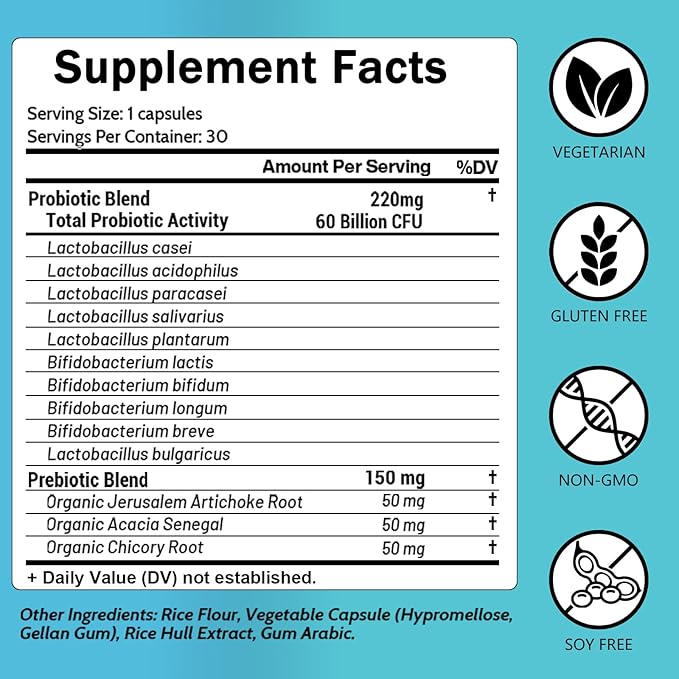 Probiotics and Organic Prebiotics for Women & Men, 60 Billion CFUs 10 Strains, Support Digestive & Gut Health, Gas & Bloating, 30 Capsules
