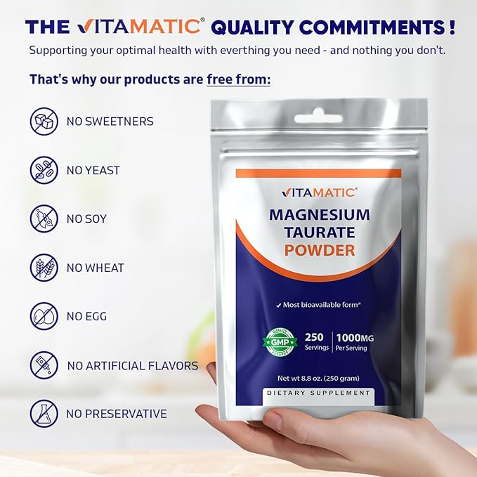 Vitamatic Magnesium Taurate 1000mg per Serving Supports Muscle, Joint, and Heart Health 250 Grams - 250 Servings