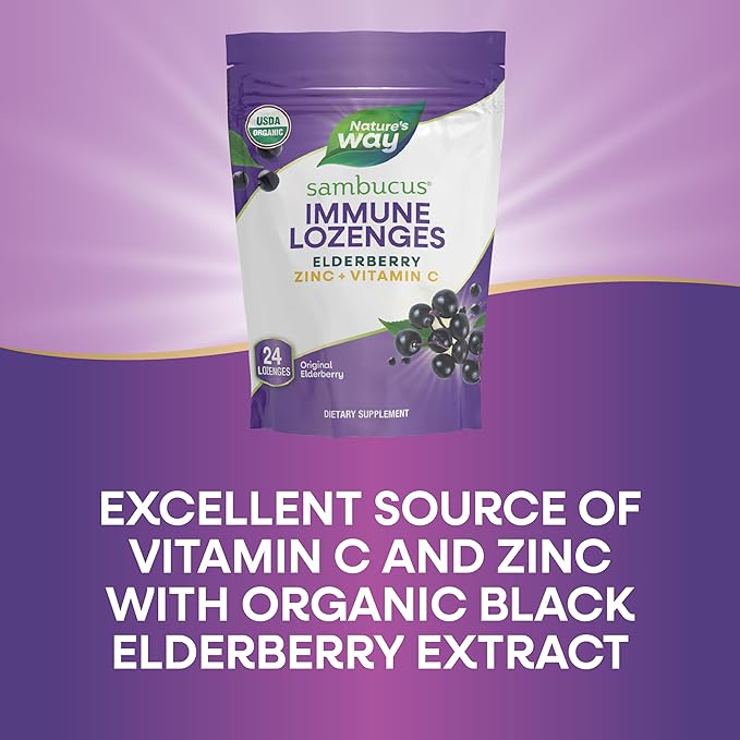 Nature's Way Organic Sambucus Zinc Lozenges - With Elderberry & Vitamin C - Vegan & Gluten Free - 24 Lozenges (Pack of 3)