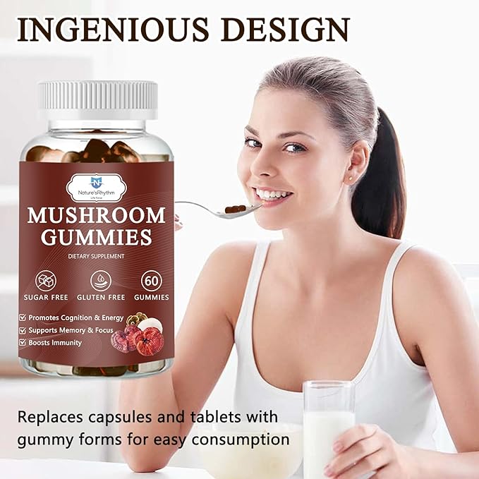 Organic Mushroom Gummies with Mane Mushroom, Reishi, Cordyceps, Lion's Mane Mushroom Gummies for Adults Brain Booster, Immune Support, Energy-60 Units