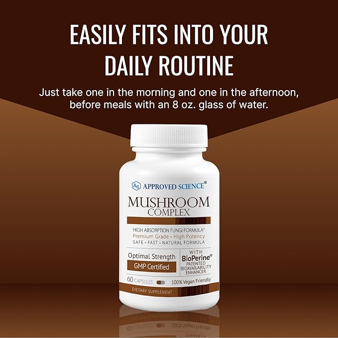 Approved Science Mushroom Complex - Support The Immune System and Cognitive Function - with Lion’s Mane, Chaga, Reishi, Turkey Tail, Shiitake, Oyster, and More - 60 Capsules - Vegan
