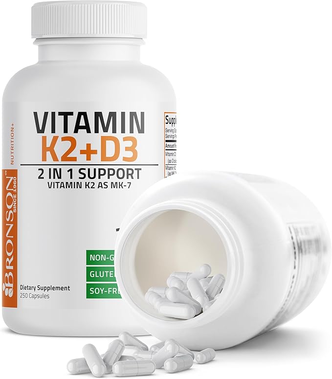 Bronson Vitamin K2 (MK7) with D3 Supplement Non-GMO Formula 5000 IU Vitamin D3 & 90 mcg K2 MK-7 Easy to Swallow D & K Complex, 250 Capsules