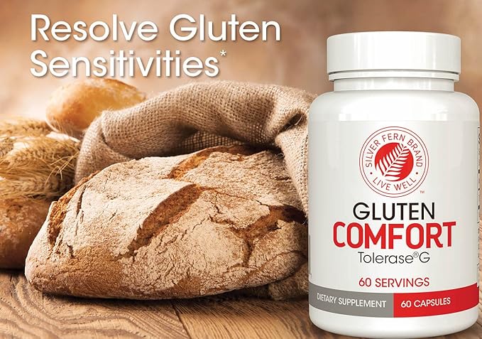 Silver Fern Gluten Comfort with Tolerase G - 1 Bottle - 60 Capsules - Digestive Enzyme Made Specifically to Break Down and Digest Gluten Protein