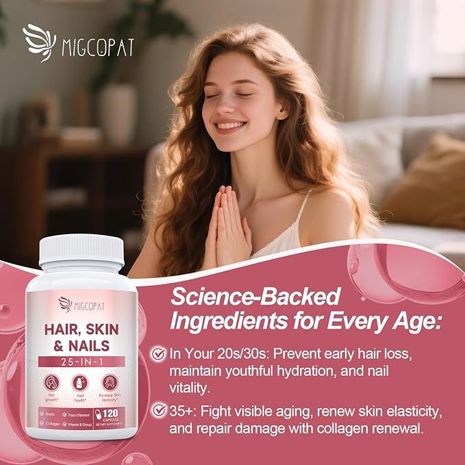Biotin 10,000mcg | Collagen | Hyaluronic Acid | Vitamin B, C, D3, E, Folate, Iron, 25-in-1 Formula Hair, Skin & Nails Supplement, Hair Growth Support, Skin & Nails Complex for Women