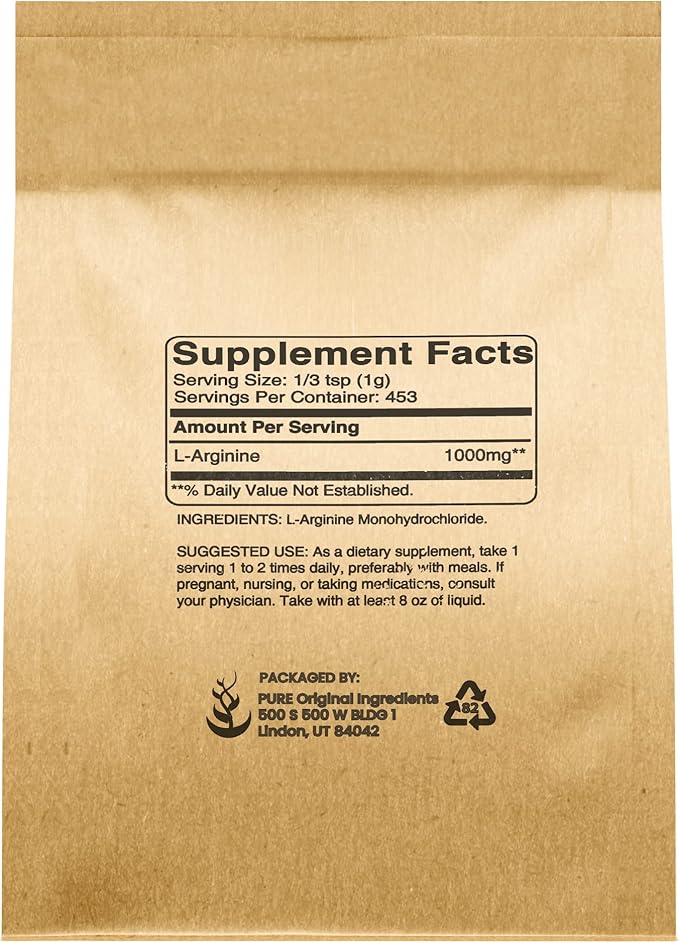 PURE ORIGINAL INGREDIENTS L-Arginine Powder (1 lb) Amino Acid, No Fillers, Dietary Supplement