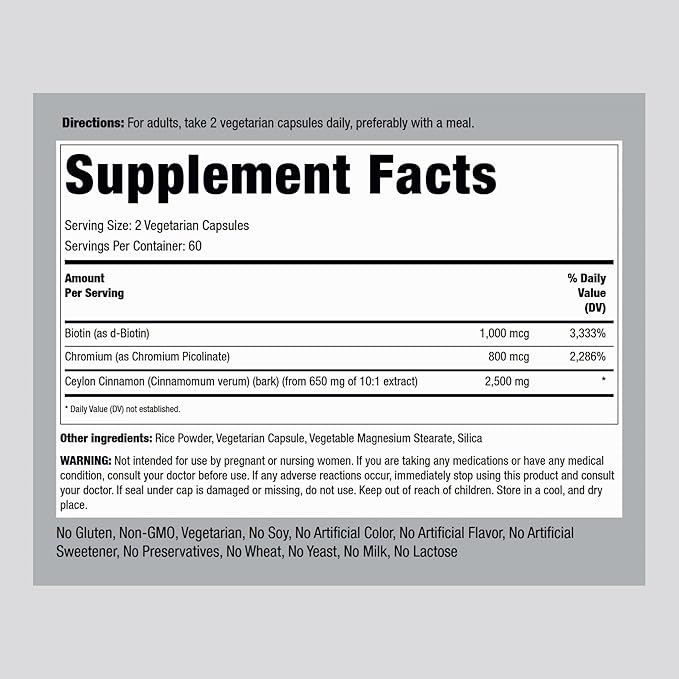 Piping Rock Ceylon Cinnamon Capsules 2500 mg | 120 Pills | Complex Supplement with Chromium and Biotin | Vegetarian, Non-GMO, Gluten Free