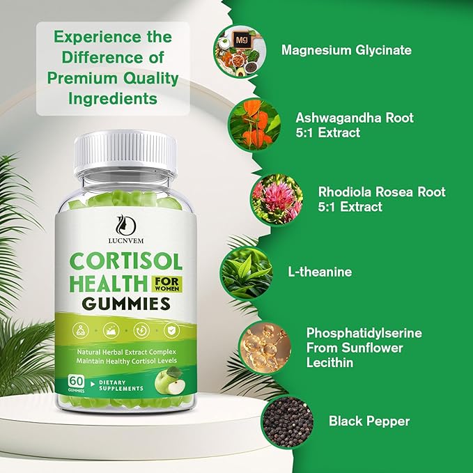 Cortisol Supplements Gummies for Women, Magnesium Ashwagandha Rhodiola Rosea and L-theanine Complex for Women, Maintain Healthy Cortisol Levels - 30 Day Vegan Supply