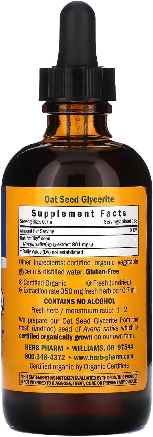 Herb Pharm Certified Organic Alcohol-Free Oat Seed Glycerite for Nervous System Support - 4 Ounce