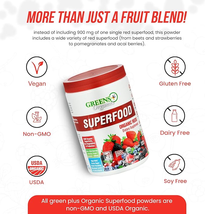 Greens+ Organic Reds Superfood Powder Camu Camu Dietary 400mg Vitamin C SuperFruit Supplement 120 Capsules, 100% Natural, Vitamins & Minerals, Vegan, Soy/Dairy/Gluten Free