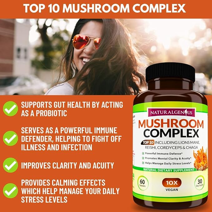 Natural Genius Top 10 Mushroom Extracts - White Button, Lions Mane, Cordyceps, Chaga, Reishi Plus - Immune Booster, Nootropic