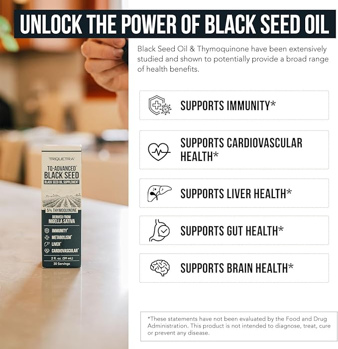 Black Seed Oil with 5% Thymoquinone - 100mg per Serving, 15:1 Concentrate from Nigella Sativa, Vegan, 30 Servings