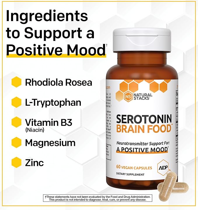 Serotonin Brain Food - 1250mg L-Tryptophan & 400mg Rhodiola Rosea Supplement - Mood Support Supplement for Stress Relief - Neurotransmitter Support with Magnesium Glycinate & Zinc - 120 Capsules