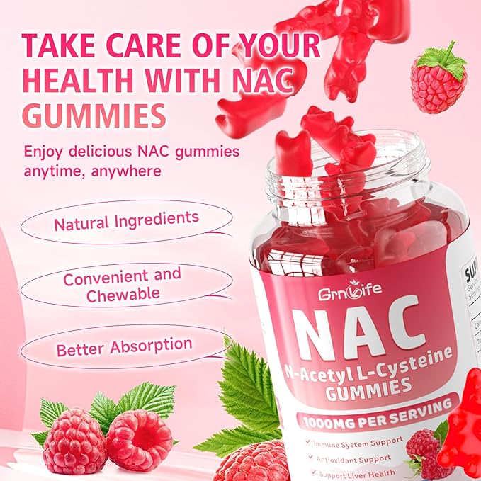 2 Pack NAC Gummies for Kids & Adults, 1000mg N Acetyl Cysteine Supplement NAC Chewable for Antioxidants & Immune Support, Liver Health, Raspberry Flavor, 120 Count