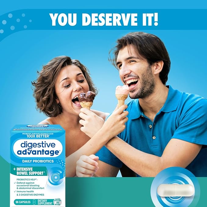 Digestive Advantage IBS Probiotics For Women and Men, Probiotics For Digestive Health & Intensive Bowel Support with Digestive Enzymes For Gut Health, Occasional Bloating & Immune Support, 96 Capsules