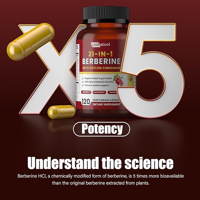 21-in-1 Berberine Supplement with Ceylon Cinnamon - Organic Berberine HCL Phytosome, 5X Higher Absorption for Metabolism Support 120 Capsules