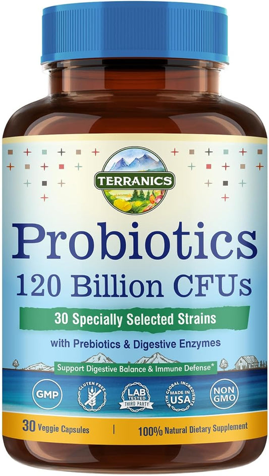 Terranics Probiotics 120 Billion with Prebiotics & Digestive Enzymes, 30 Tested Strains, Complete Digestion & Immune Support, Non-GMO, NO Soy, Dairy & Gluten, for Men and Women, 30 Veggie Capsules