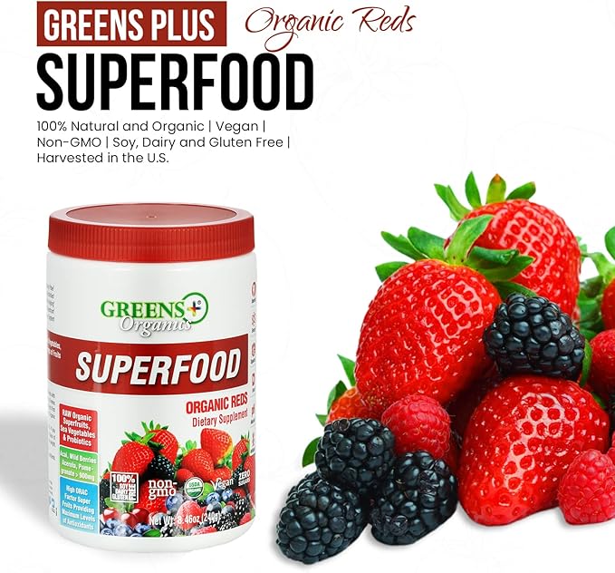 Greens+ Organic Reds Superfood Powder Camu Camu Dietary 400mg Vitamin C SuperFruit Supplement 120 Capsules, 100% Natural, Vitamins & Minerals, Vegan, Soy/Dairy/Gluten Free