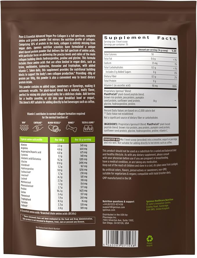 Igennus Vegan Collagen Peptide Powder, Enhanced with Glycine, Proline & Hydroxyproline & Cofactor Vitamin C, Non GMO, Complete Vegetarian Plant Based Collagen Powder Booster, 35 Servings